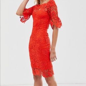 Red Dress- Paper Dolls Off the shoulder Crochet Dress with Frill Sleeve